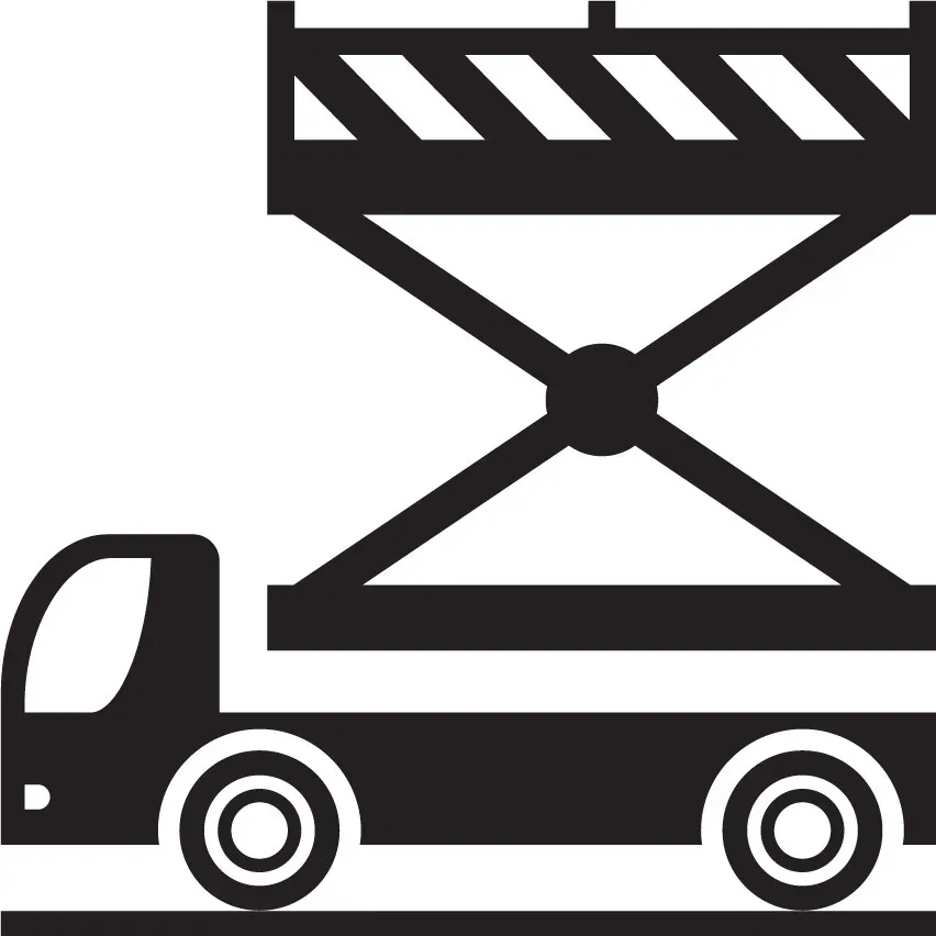 A black and white illustration of a truck with a lift.