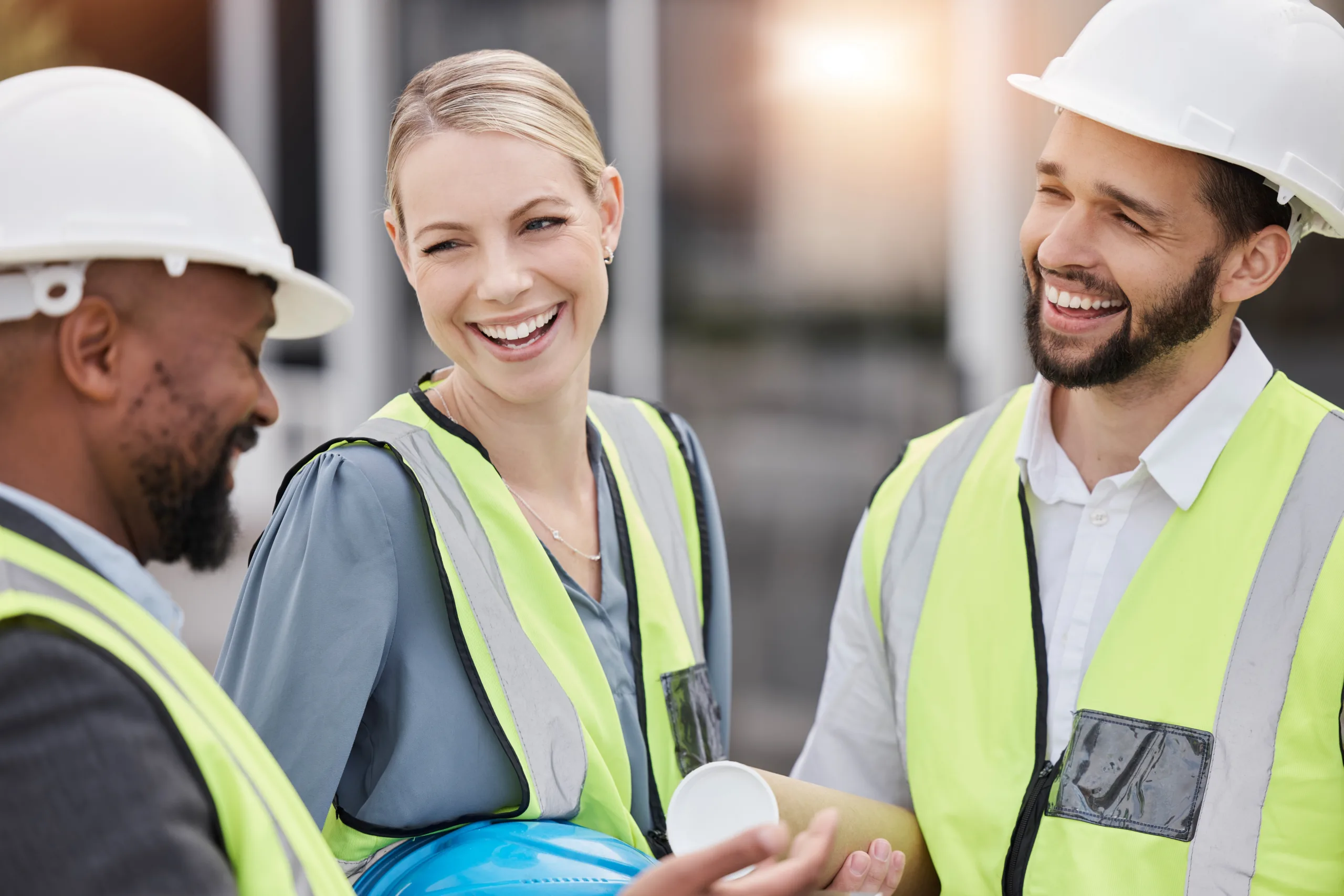 A group of construction workers talking to each other.