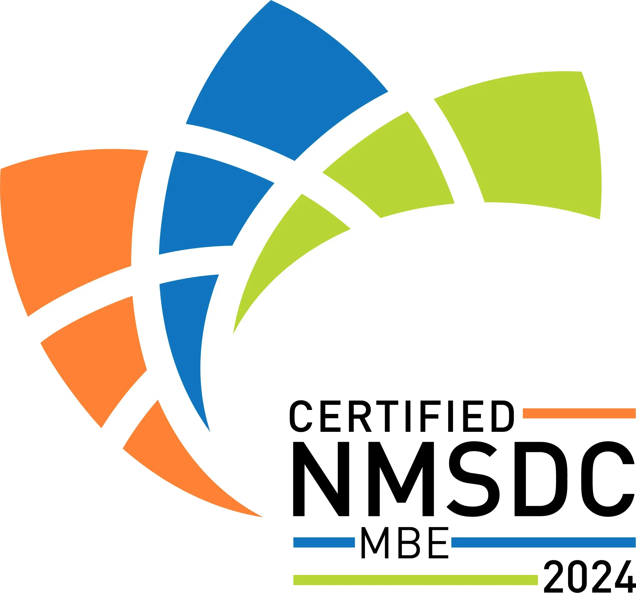 Logo of certified nmsdc mbe 2024 featuring a stylized graphic in orange, blue, and green, with text below.